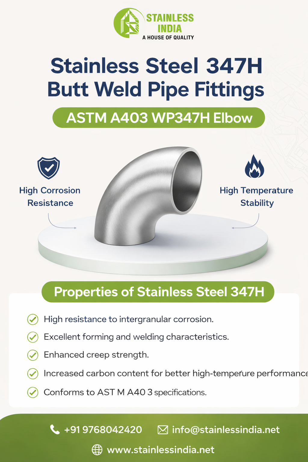 SS 347H 180° SR Elbow