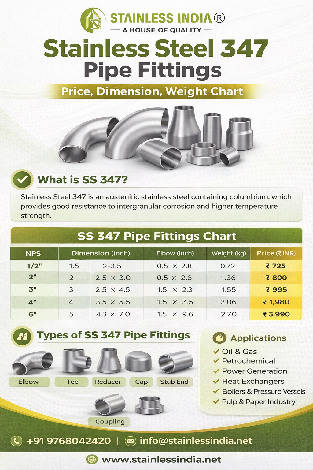 SS 347H 180° SR Elbow