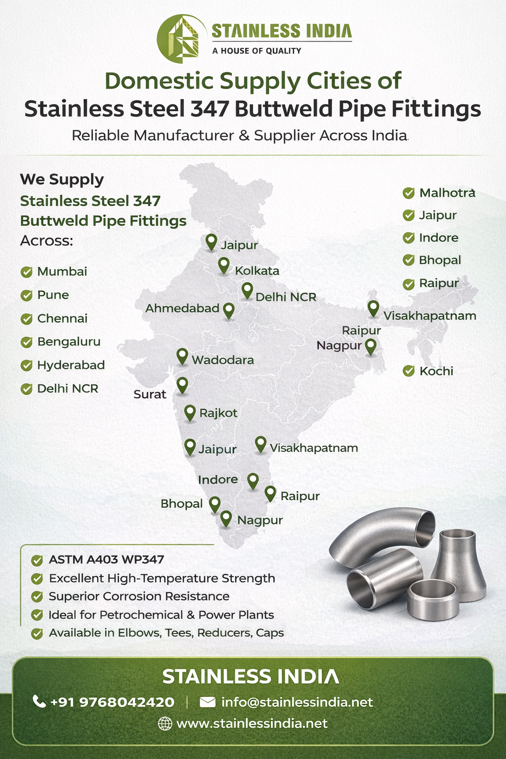 SS 347H 180° SR Elbow