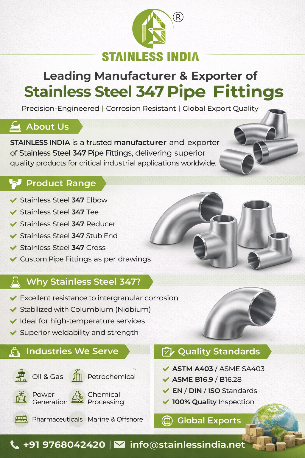 SS 347H 180° SR Elbow