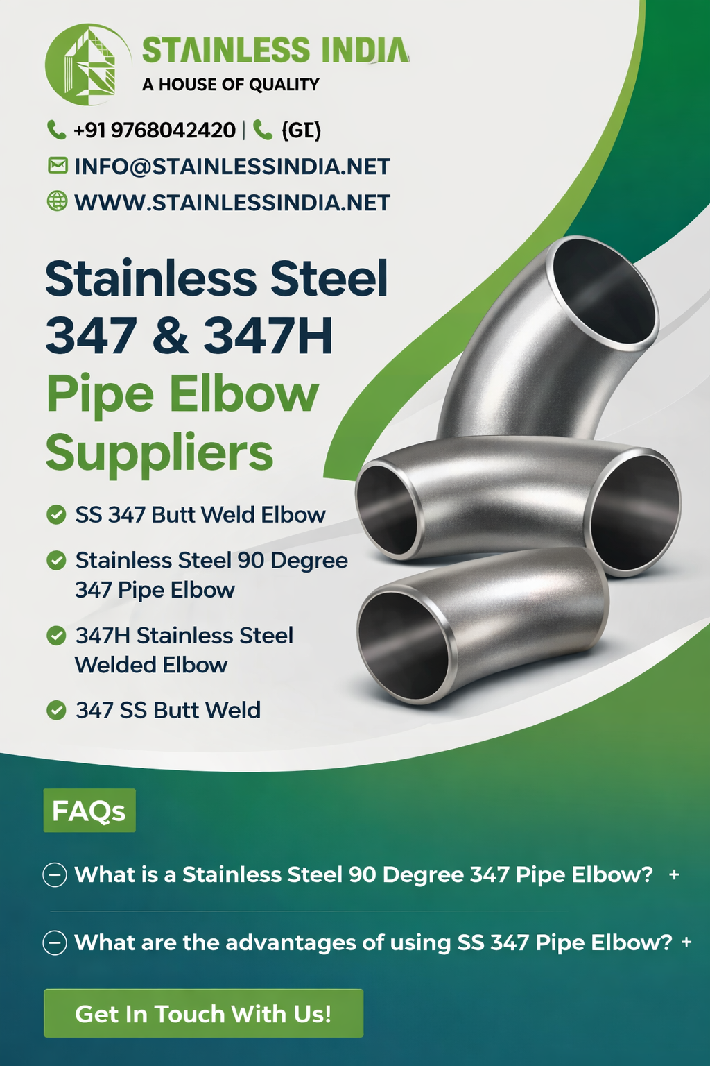 SS 347H 180° SR Elbow