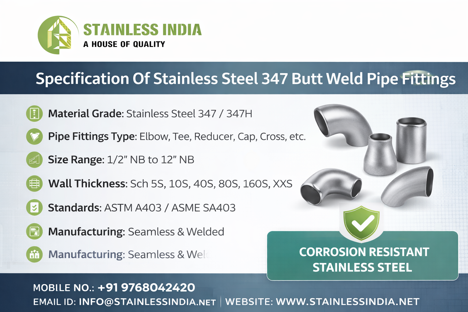 SS 347H 180° SR Elbow