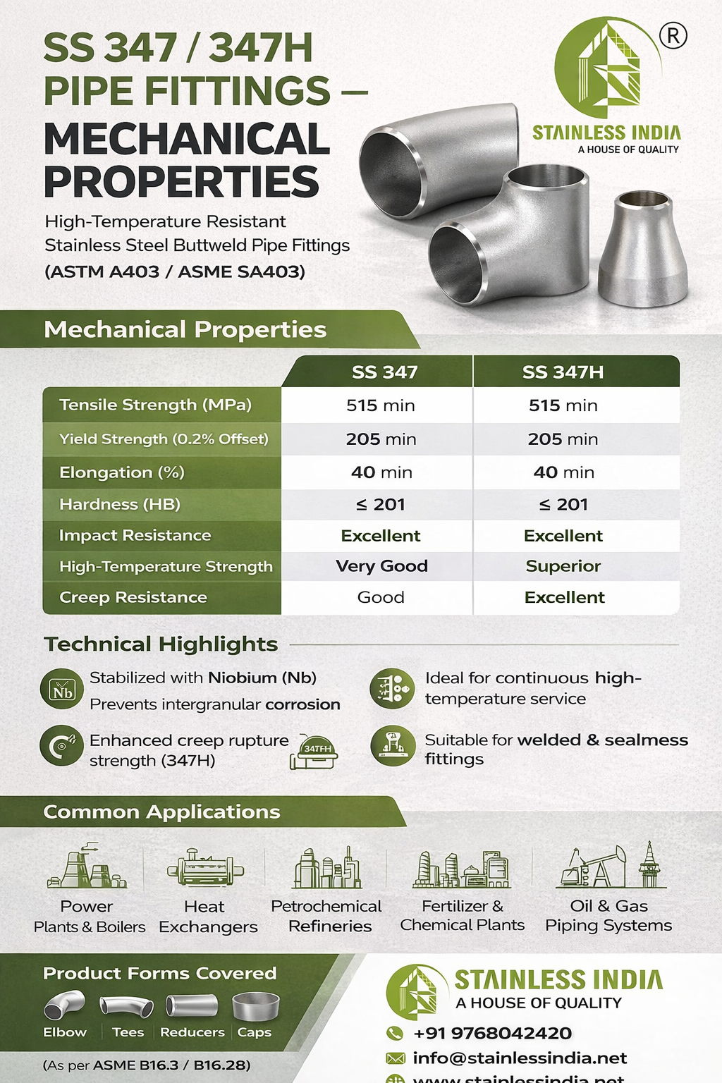 SS 347H 180° SR Elbow
