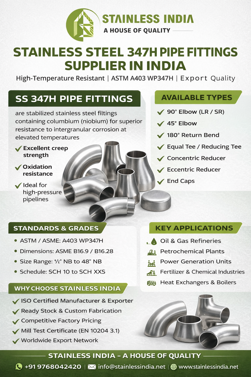 SS 347H 180° SR Elbow