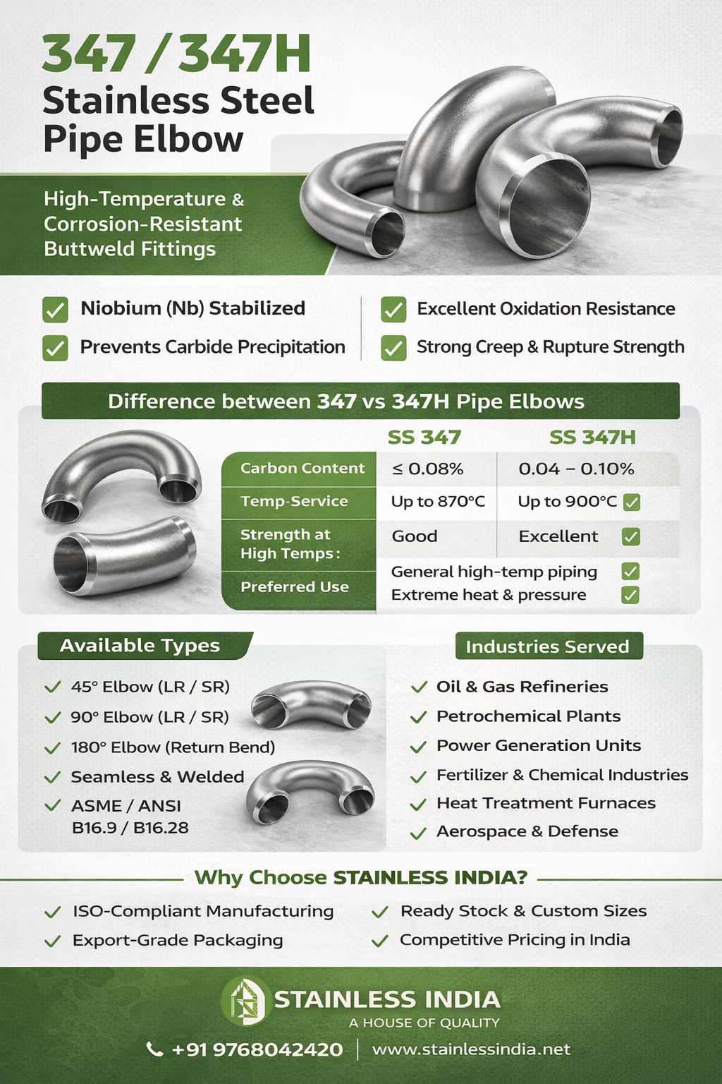 SS 347H 180° SR Elbow