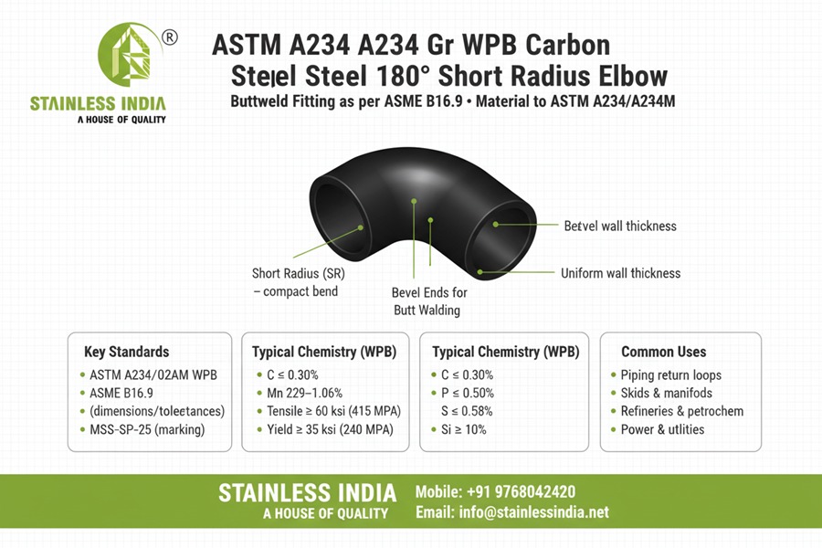 SS 347H 180° SR Elbow