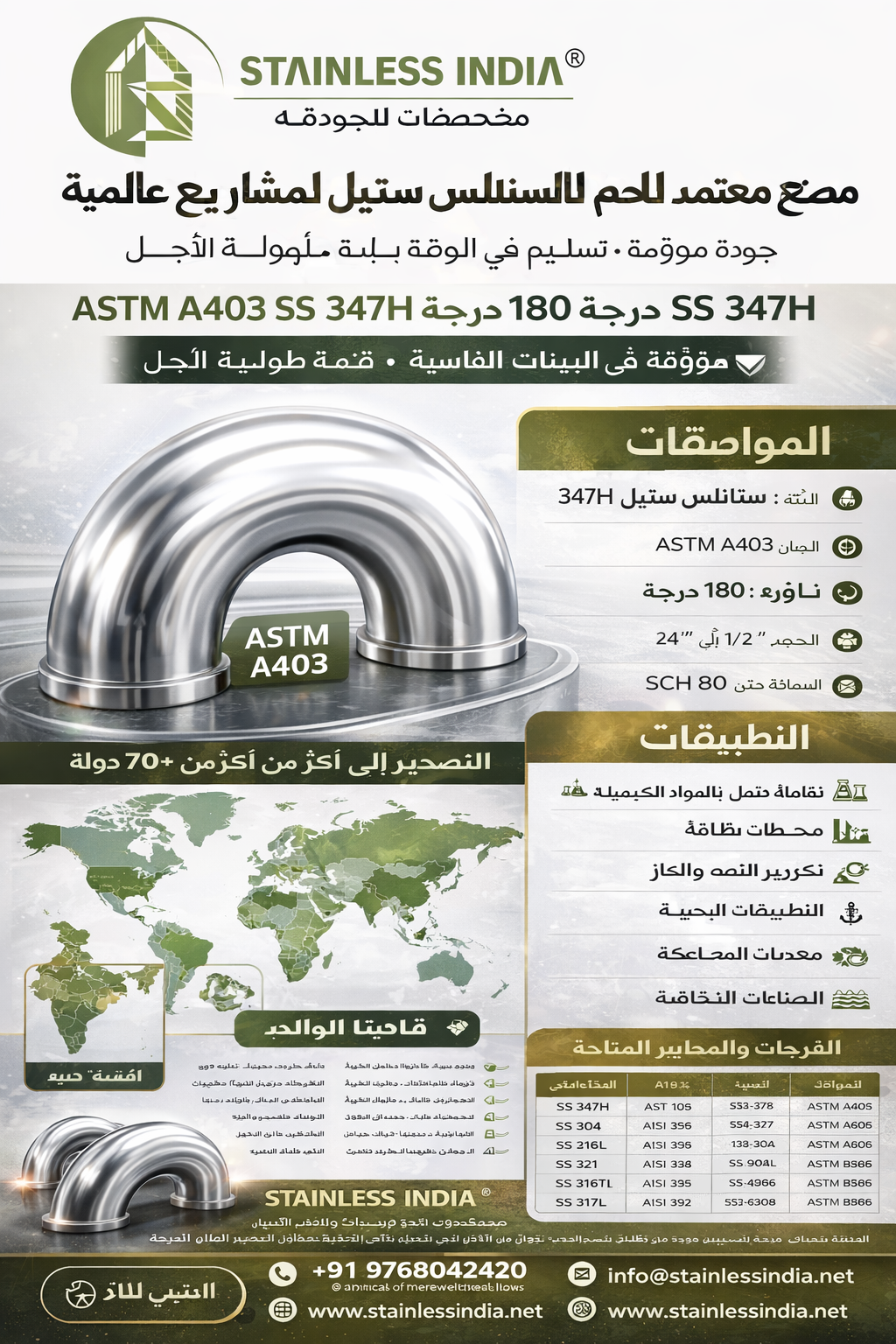 ASTM A403 WP347H Stainless Steel 180 Degree Elbow
