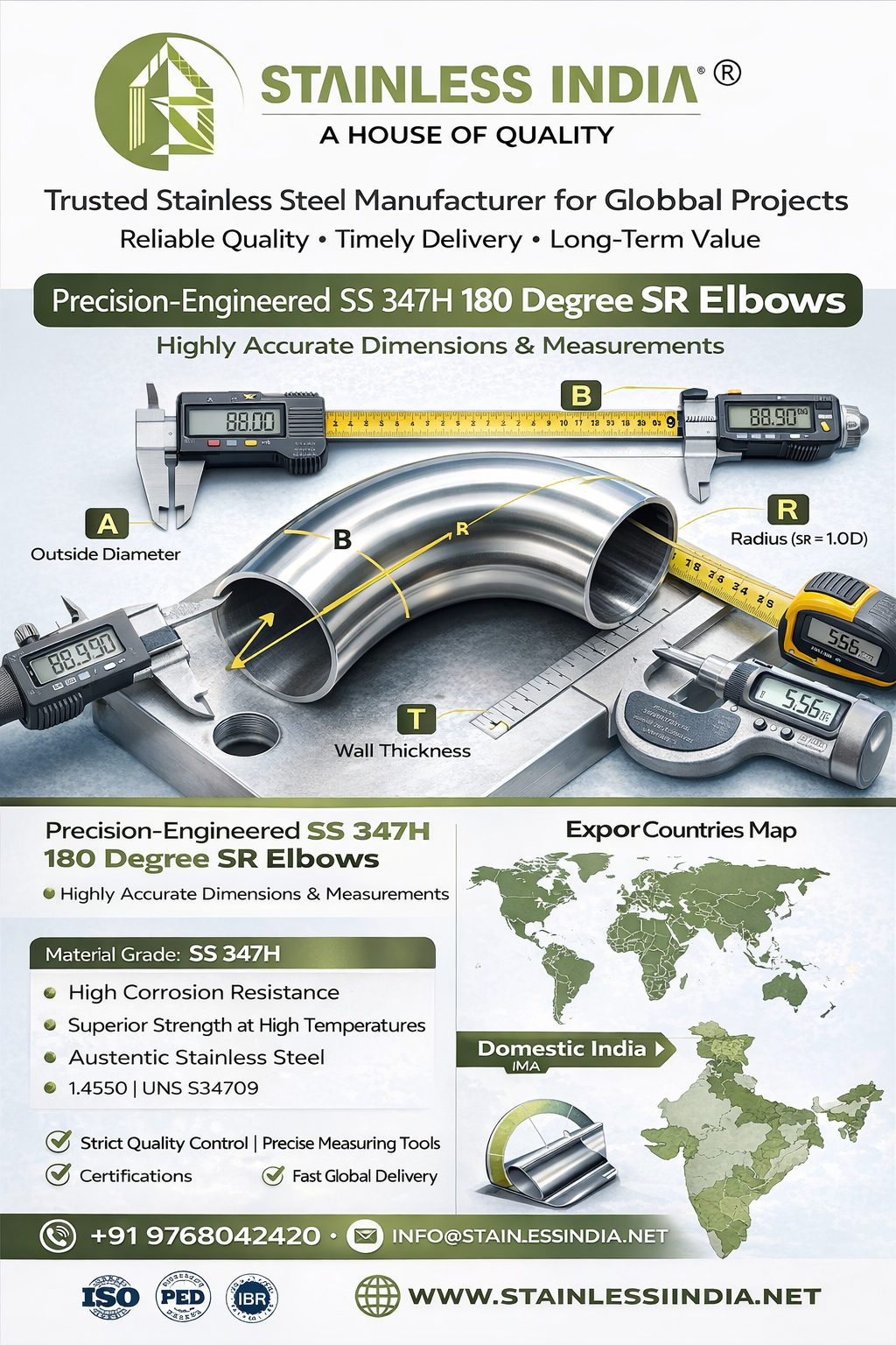 SS 347H 180° SR Elbow