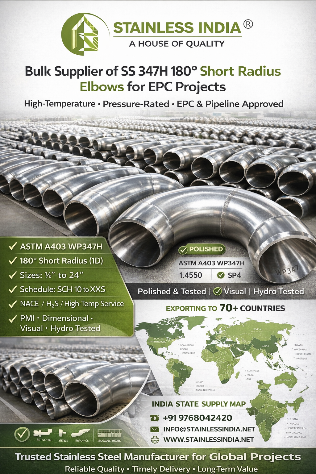 SS 347H 180° SR Elbow