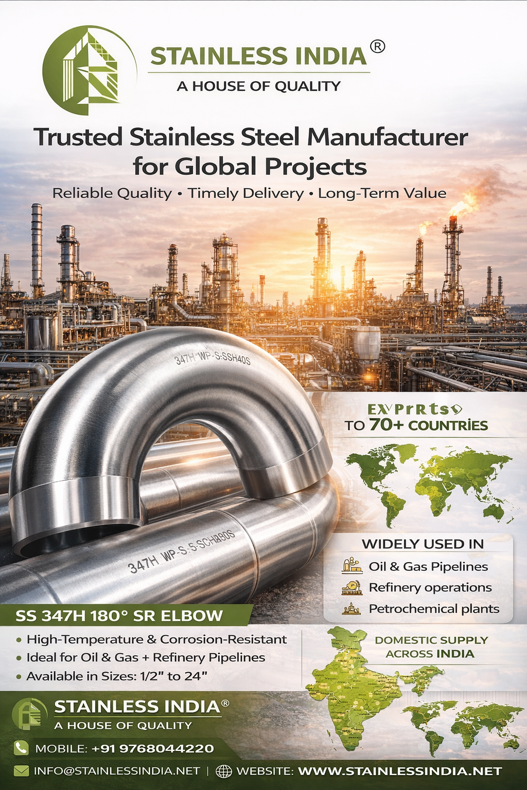 SS 347H 180° SR Elbow