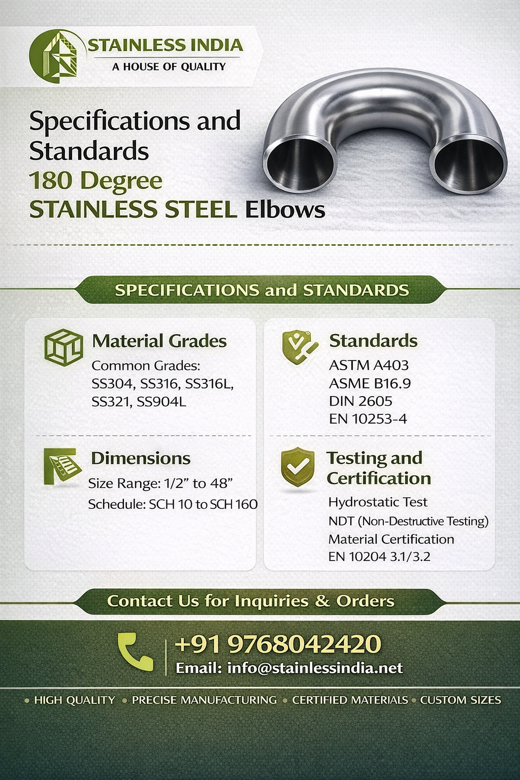 SS 347H 180° SR Elbow