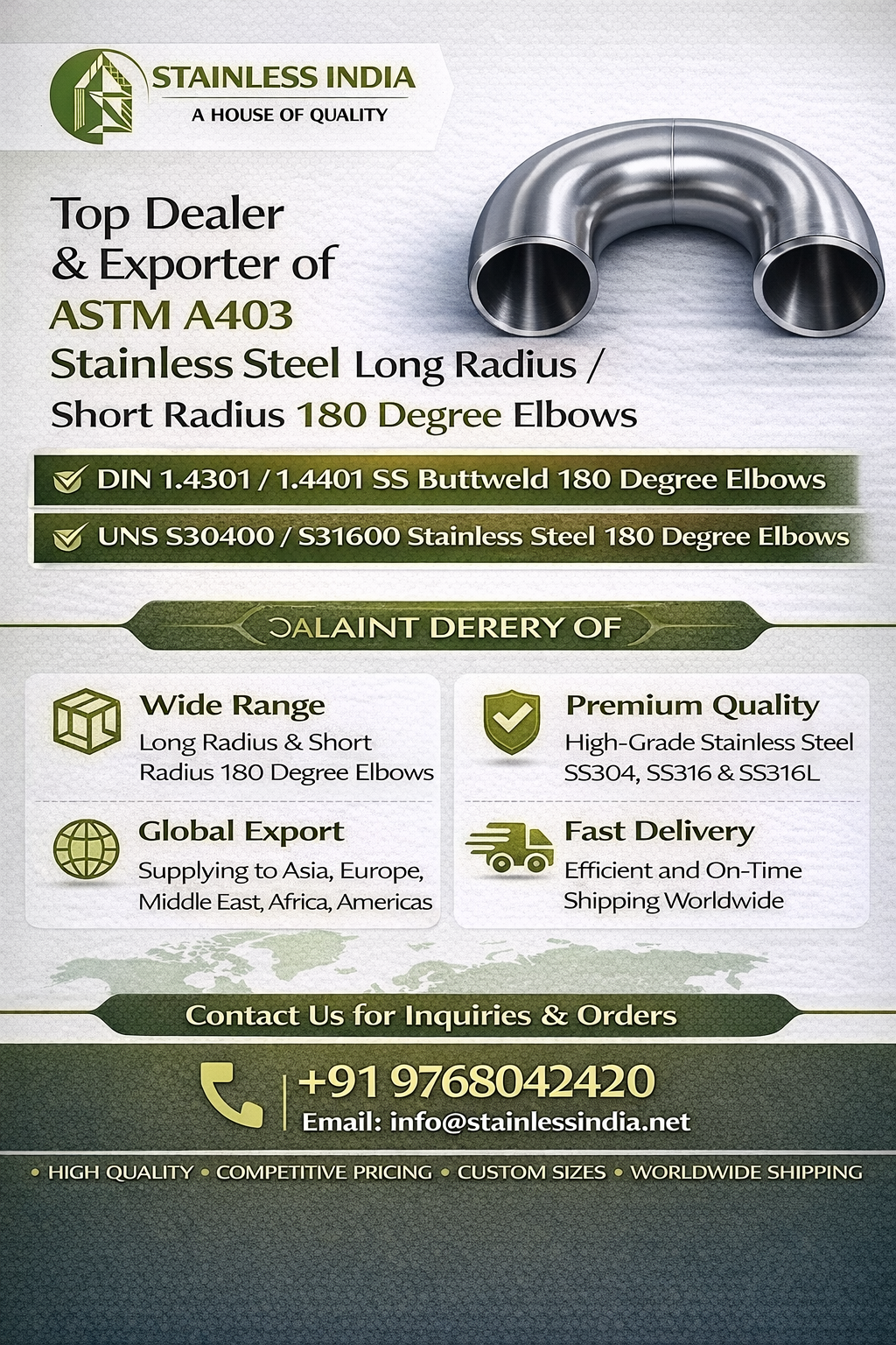 SS 347H 180° SR Elbow