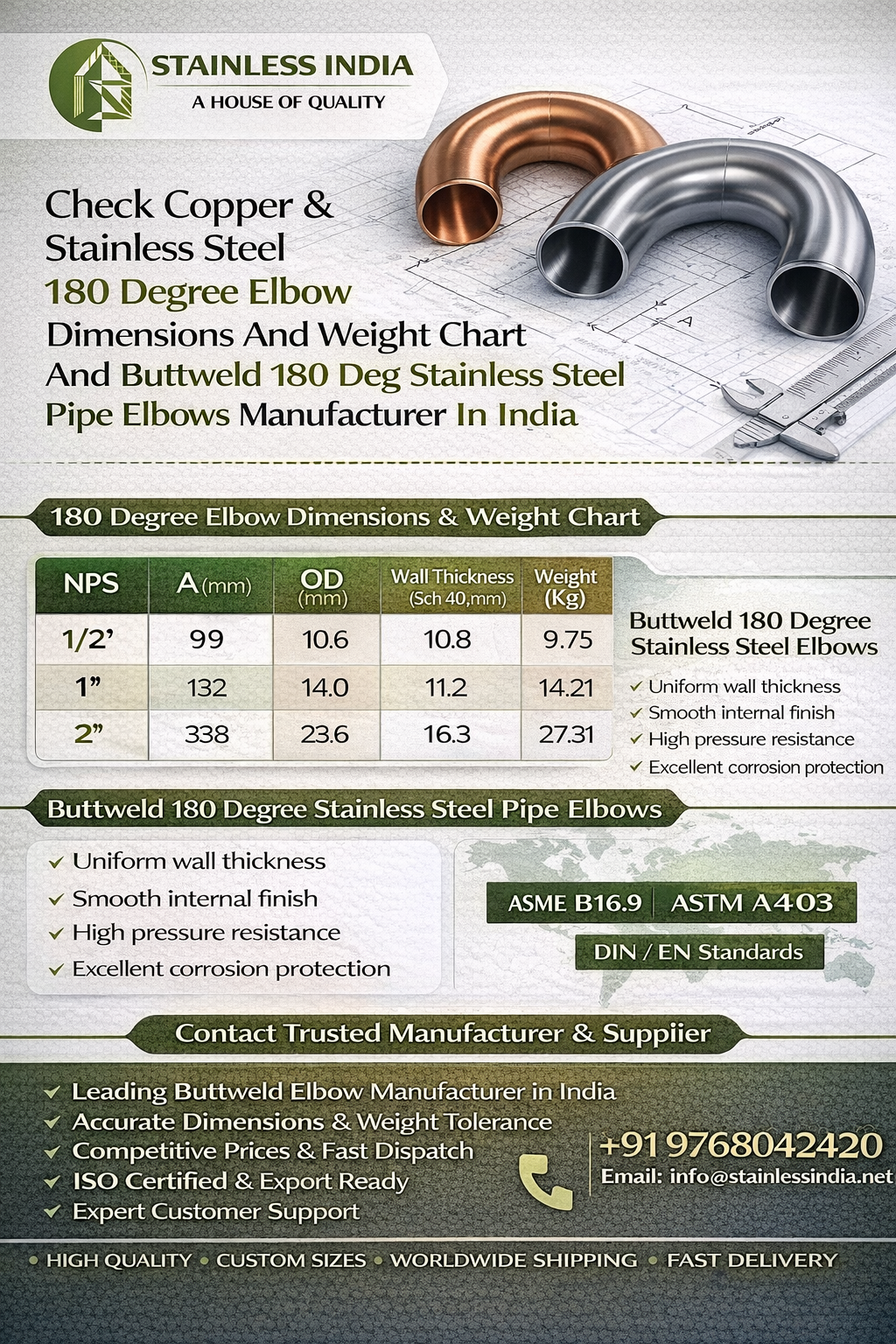 SS 347H 180° SR Elbow